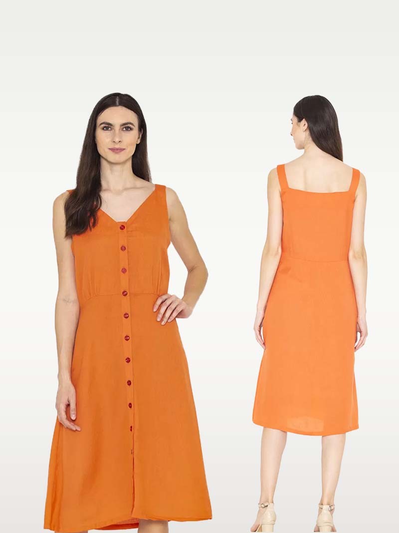 Entellus | Orange Color, V- Neck Midi ,Flare Strappy Sleeve Dress