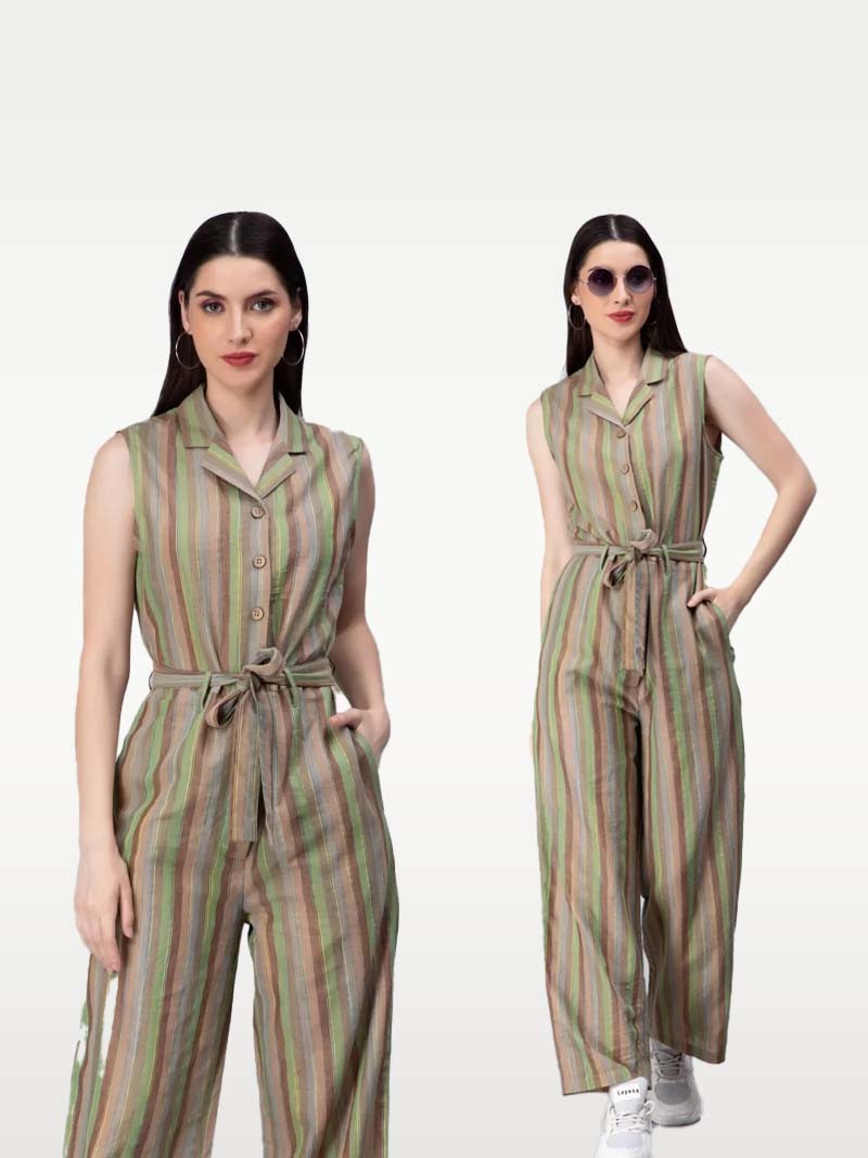 Entellus | New Stunning Beige Stripes Jumpsuit, Collared Neck with Coconut Buttons in The Fron