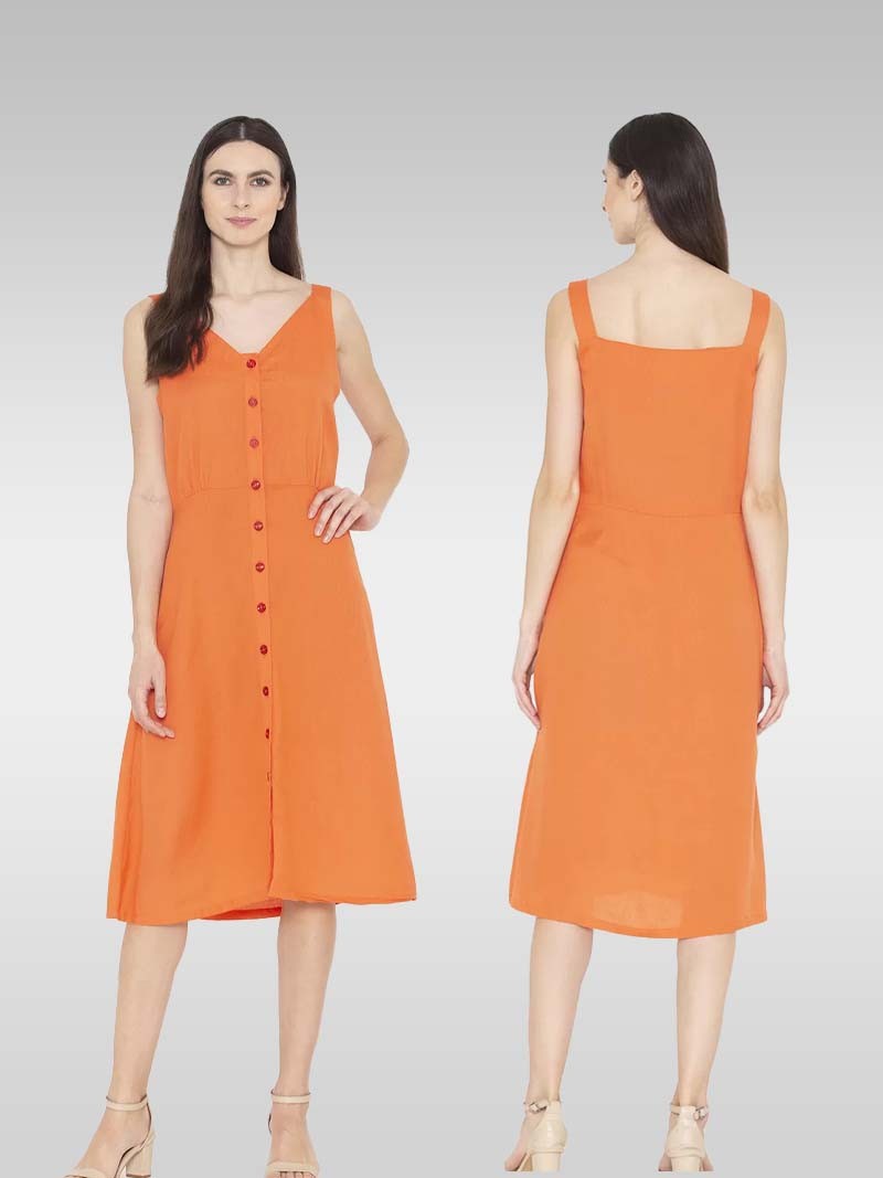 Orange Color, V- Neck Midi ,Flare Strappy Sleeve Dress
