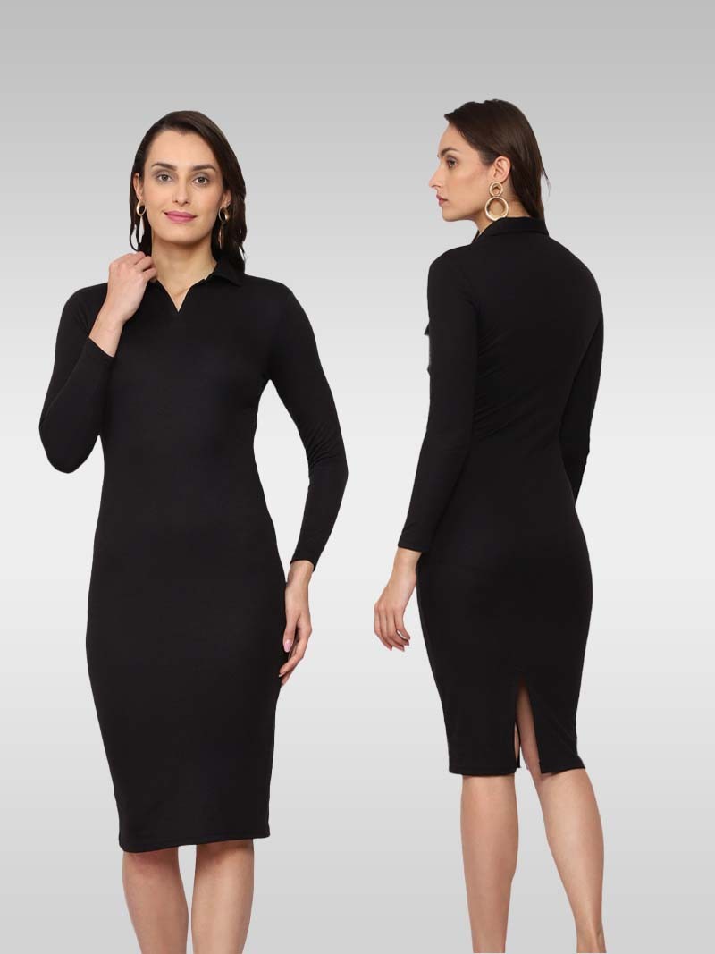 V-Neck, Flaunt Bodycon Dress in Black