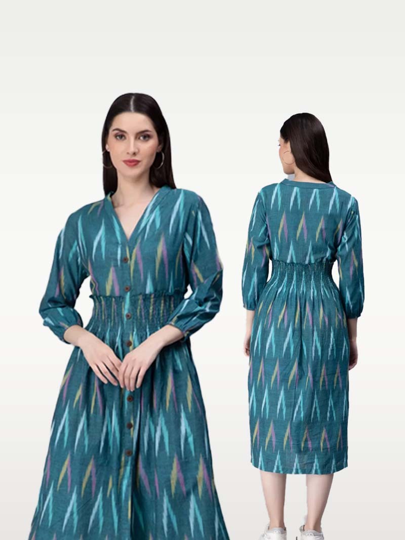 Entellus | Handloom Ikkat Flared Knee Length Blue Dress V-neck in Cotton fabric, detailed with coconut buttons