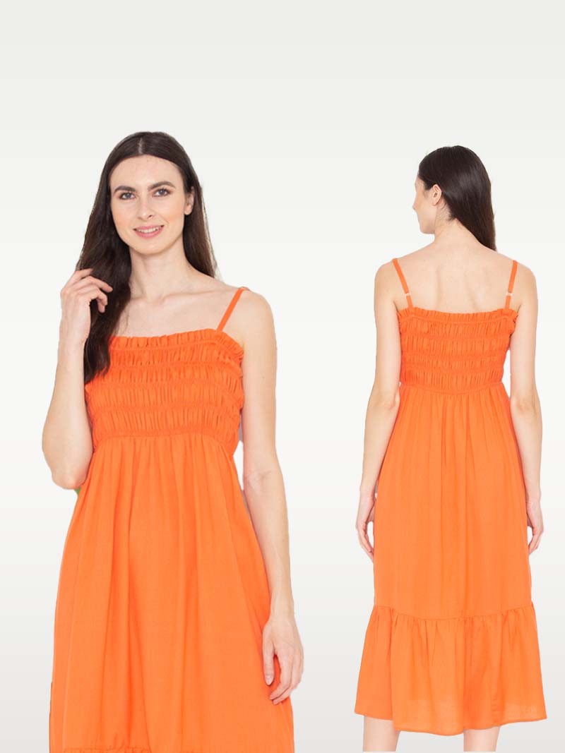 Entellus Apparel | Orange Color, Kansai, Square Neck, Midi Dress