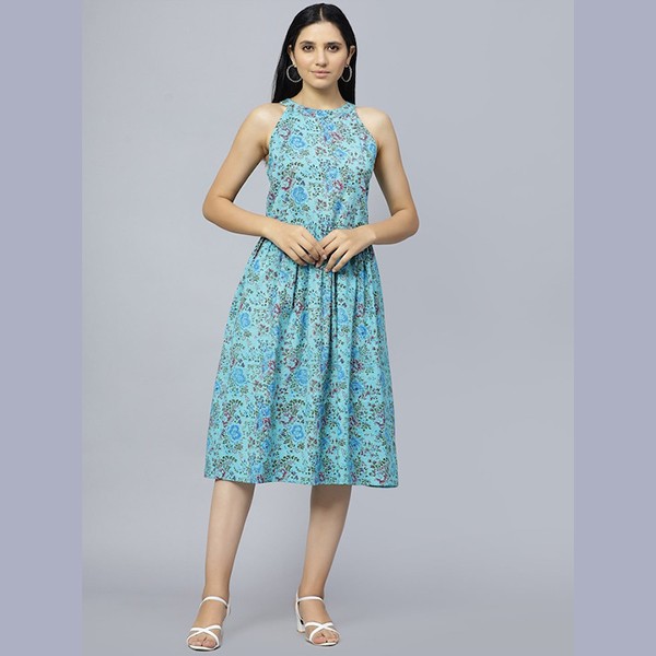 Floral Printed Gathered Cotton A-Line Midi Dress