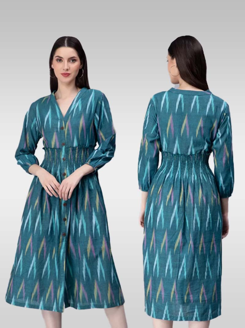 ENTELLUS HANDLOOM IKKAT FLARED KNEE LENGTH BLUE DRESS V-NECK IN COTTON FABRIC, DETAILED WITH COCONUT BUTTONS