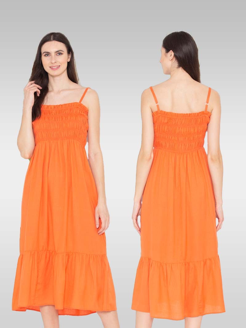 Orange Color, Kansai, Square Neck, Midi Dress