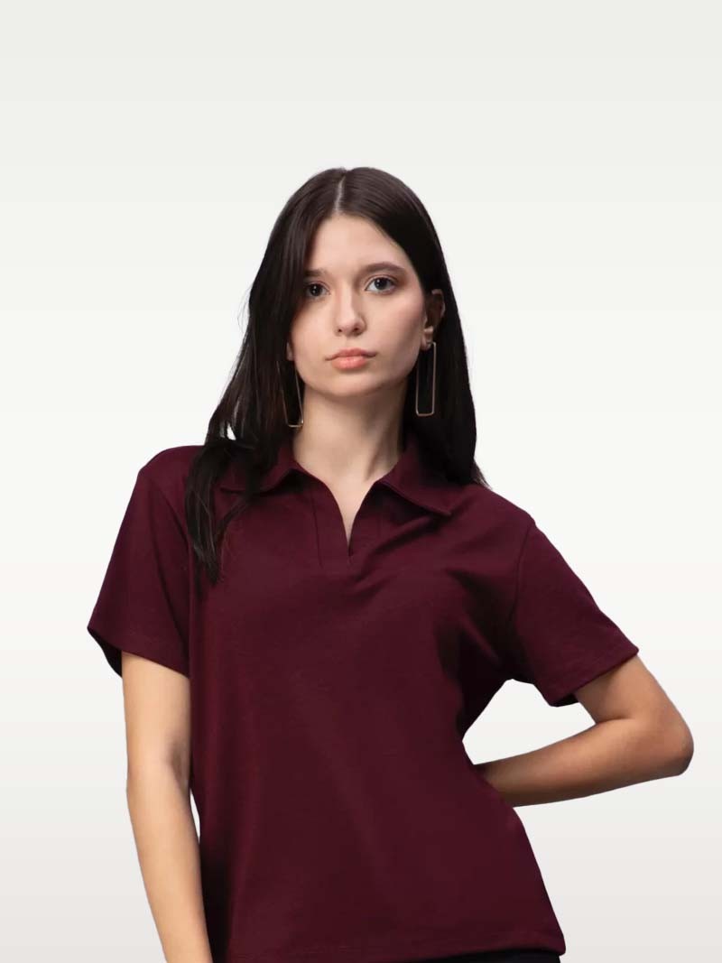 Entellus | Polo T-Shirt for Womens, Girls, Maroon Colour with Spread Collar