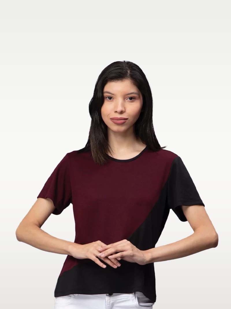 Entellus | Round Neck Curve Design, Dual Colour in Front Maroon & Black Tshirt for Women