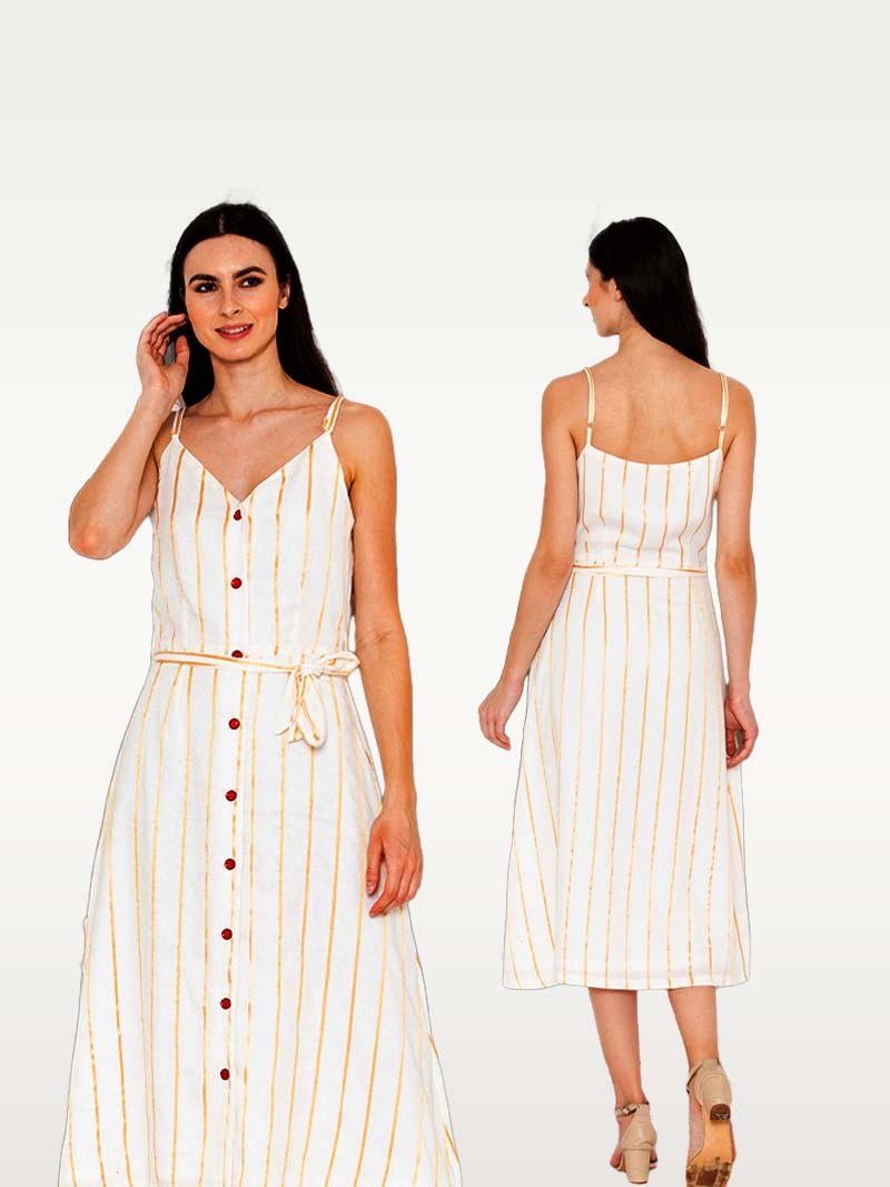 Entellus |  Golden Stripes, Flare Strappy Sleeve Dress